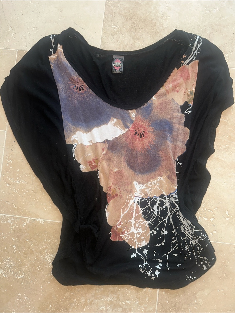 Free People Women’s Black Floral Graphic Scoop Neck Top